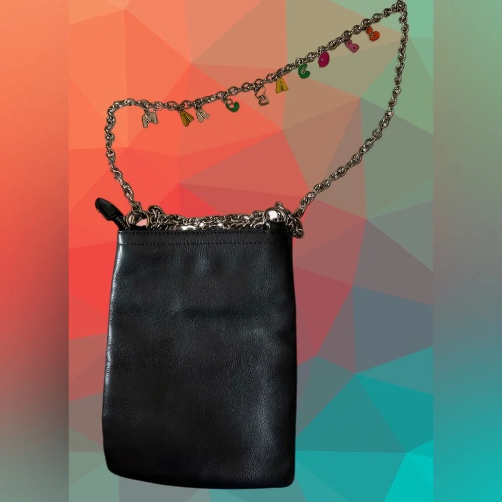 Marc Jacobs Black Leather Shoulder Bag with Silver Charm Logo Chain Strap